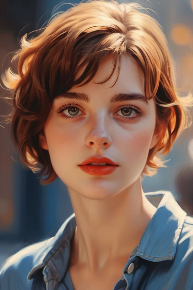 (in the style of Ilya Kuvshinov, Tom Lovell), French Parisian xxmix_girl, masterpiece, best quality, detailed eyes, detailed face, detailed skin, detailed body, (glamour portrait), a French Parisian woman with bronze _copper blunt bangs short hair, gazing the viewer with her emerald green eyes reflecting wisdom and mystery, a faint dimple gracing her left cheek when she offers a restrained smile, black v-neck shirt, and ((sapphire)) necklace adorning her neckline, 