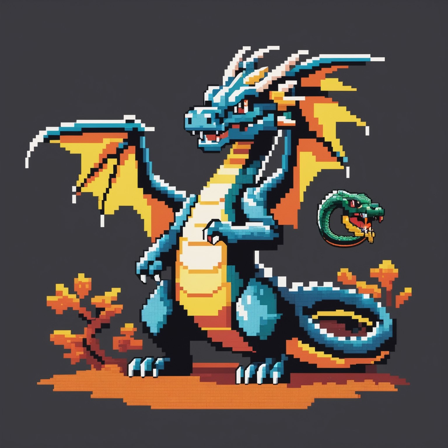 dark gray background, 8-bit nintendo game, pixel dragon with snake body, random body colors:1.15, 