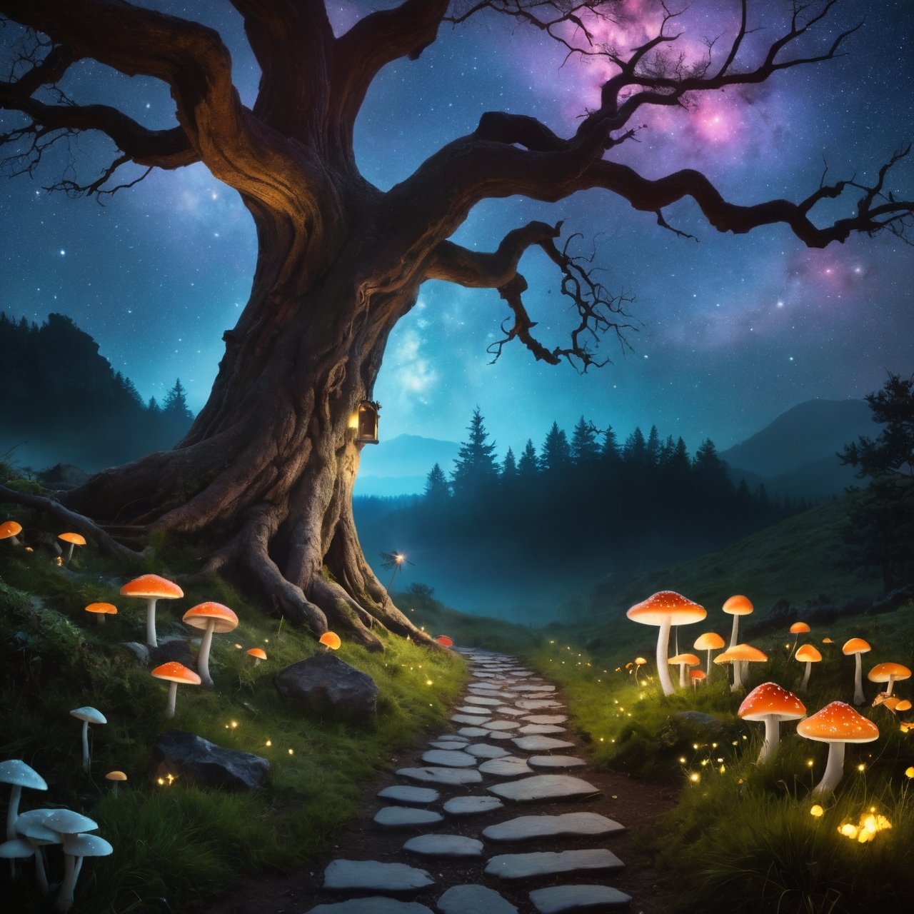 (Hasselblad Award Winner, (photorealistic)), nightime, a montainous landscape, eerie mist, faery tales, mystical tree of life in center, luminescent faerie mushroom ring, nebula, starry sky, harmonious, sublime, serenity, luminescent fireflies swirling around tree, rustic path leading to a magical glowing door inside tree, 