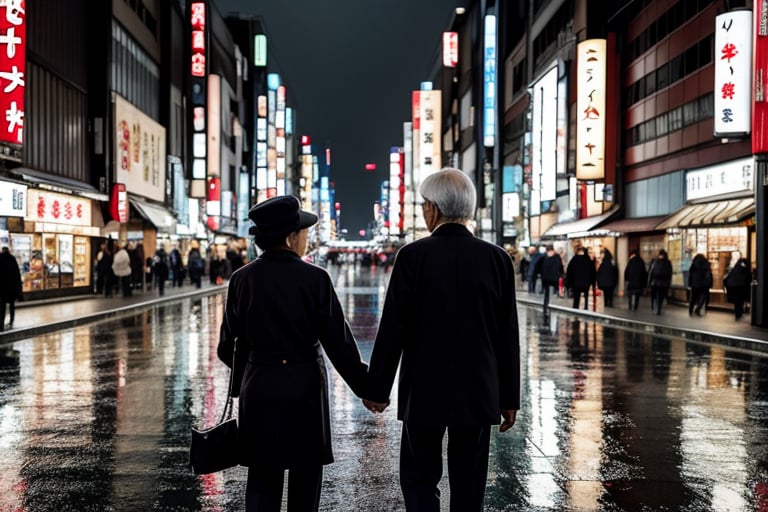 Old couple japanese couple, holding hands, tokyo, city background, after rain, master piece, high_res,  