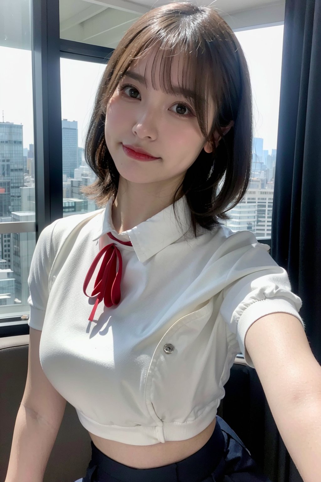 Masterpiece, top quality, raw photo, absurdres, uhd, 1girl, very short hair, dark hair, seductive, gazing, in a large conference room in a high-rise office in Tokyo, fine details, detailed background, detailed skin, pores, high res, hdr, beautiful model, soft light on face, white shirt uniform, small breasts, slender, soft light on face,(crop shirt underboob: 1.4)