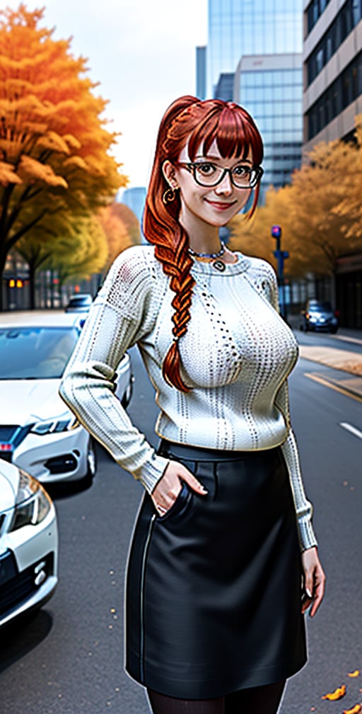 (medium shot: 1.4), female, long hair, (radiant skin: 1.1), (wears resin jewelry on neck and wrist), (smirk: 0.5), (white knit sweater: 1 ,2), (black canvas skirt: 1,3), pantyhose, glasses, glasses, one hand on hip, hand on waist, (autumn, fall colors, falling leaves: 1,25), (beautiful, beautiful : 1,2), (redhead, ginger hair: 1,3), (braided ponytail: 1,3), (facing viewer: 1,4), detailed background, standing on sidewalk, parked cars (skyscrapers from the city: 1.2),
  RAW photo, subject, 8k uhd, dslr, low lighting, high quality, film grain, Fujifilm XT3, (fcPortrait: 1.25),cyborg style,cyborg,hinata