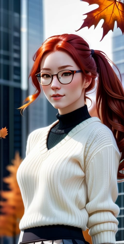 (medium shot: 1.4), female, long hair, (radiant skin: 1.1), (wears resin jewelry on neck and wrist), (smirk: 0.5), (white knit sweater: 1 ,2), (black canvas skirt: 1,3), pantyhose, glasses, glasses, one hand on hip, hand on waist, (autumn, fall colors, falling leaves: 1,25), (beautiful, beautiful : 1,2), (redhead, ginger hair: 1,3), (braided ponytail: 1,3), (facing viewer: 1,4), detailed background, standing on sidewalk, parked cars (skyscrapers from the city: 1.2),
  RAW photo, subject, 8k uhd, dslr, low lighting, high quality, film grain, Fujifilm XT3, (fcPortrait: 1.25),cyborg style