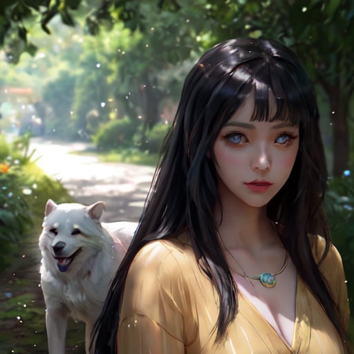 (masterpiece, best quality: 1.5), South American woman with brown hair, long beautiful hair, ((resin jewel)), pink and yellow clothes, walking a dog, walking a dog in the garden and light blue, mix elements realistic and fantastic, vibrant manga, uhd image, glassy translucency, vibrant artwork, ultra realistic, long hair, long beautiful hair, portrait, forest, firefly, bokeh, mysterious, night, sky, cloud, eye detail, beautiful eyes, light in the eyes,
  whole body by the Garden in the afternoon be rays of sun