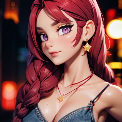 (detailed hyper-realistic face: 1.2), (facing viewer: 1.2),(wears resin jewelry on neck and wrist), (front view), centered, upper body, award-winning frontal photography, masterpiece,
  | (arms resting on her waist), (beautiful detailed eyes and beautiful body: 1.2), braided hairstyle, (peri red hair color), (light purple eyes), (red tube top), abdomen, belly button, jeans low leg,
| sunset, bokeh, depth of field, | urban street city | starry sky, vaporwave color scheme, (saturated colors: 1.2), 3DMM