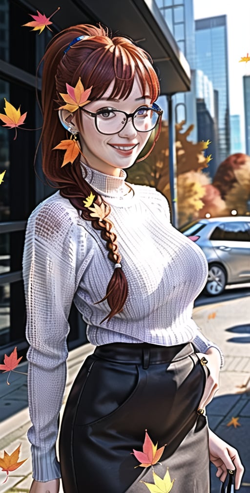 (medium shot: 1.4), female, long hair, (radiant skin: 1.1), (wears resin jewelry on neck and wrist), (smirk: 0.5), (white knit sweater: 1 ,2), (black canvas skirt: 1,3), pantyhose, glasses, glasses, one hand on hip, hand on waist, (autumn, fall colors, falling leaves: 1,25), (beautiful, beautiful : 1,2), (redhead, ginger hair: 1,3), (braided ponytail: 1,3), (facing viewer: 1,4), detailed background, standing on sidewalk, parked cars (skyscrapers from the city: 1.2),
  RAW photo, subject, 8k uhd, dslr, low lighting, high quality, film grain, Fujifilm XT3, (fcPortrait: 1.25),cyborg style,cyborg,hinata