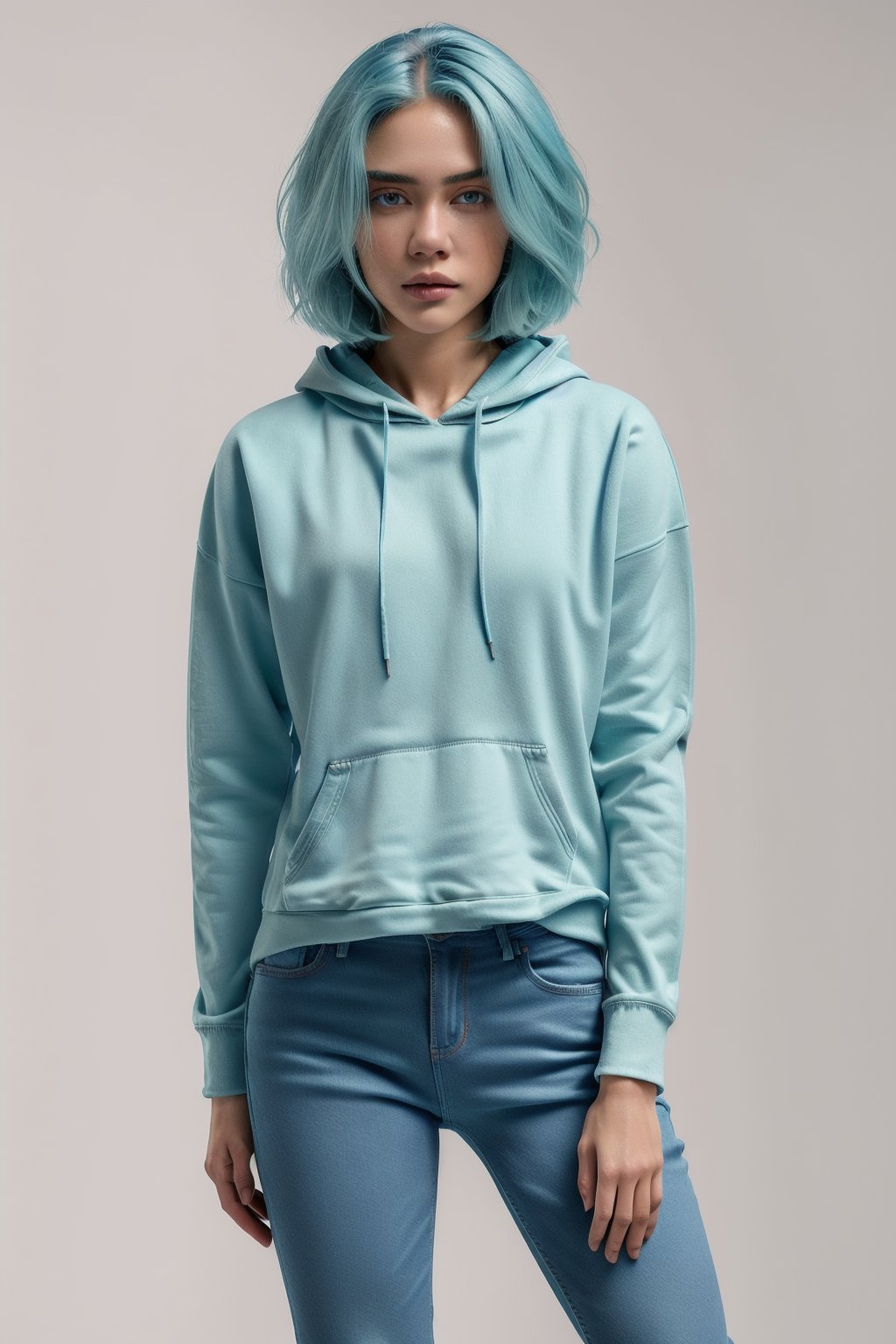 centered, masterpiece, award winning photography, formal, (full body view), | 1girl, solo, aqua hair color, short hairstyle, blank hoodie, blank background, skinny jeans, detailed face, detailed skin,3DMM,,Detailedface,Indonesiadoll,(hlfcol haired girl with color1)