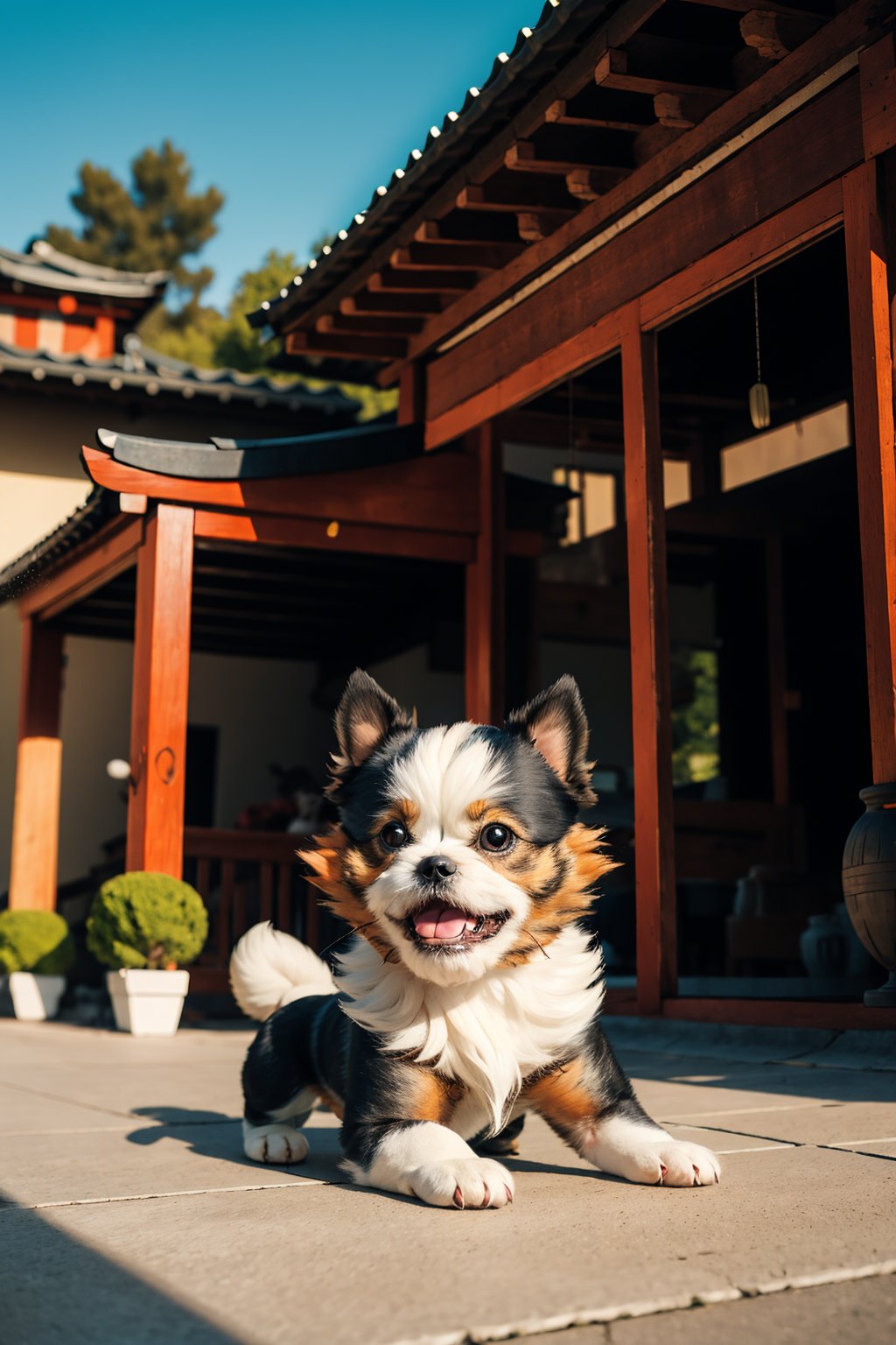 Cute dog,shih tzu, wearing samurai armor, realistic,detailed, balcony background, beautiful image,4k,brown_eyes, white-brown color, puppy, happy