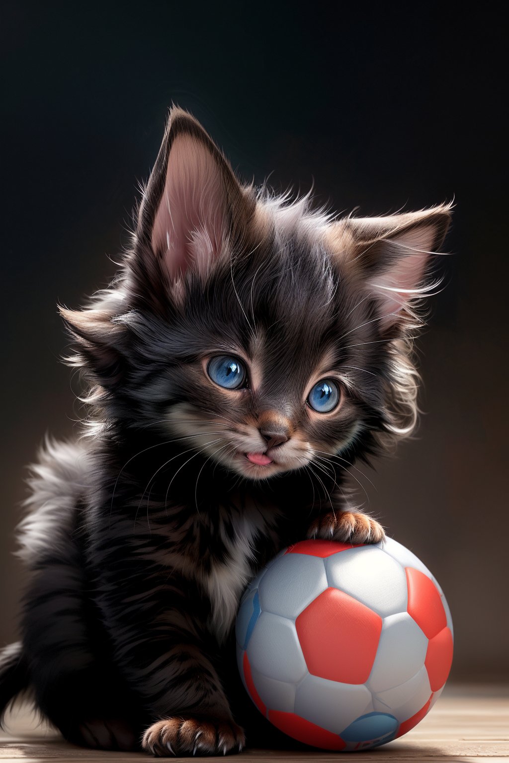 very sweet features,beautiful blue eyes,smile,adorably tiny paws,playing a ball, full-body_portrait, and two perky ears, (tiny body covered with smooth fur), (furry tail as well). (adorable face with a tiny nose), a big mouth, (8k resilution), natarul lights, unreal, masterpice, amazing, (random color body), kittenpunk, hyper realism, rough texture,