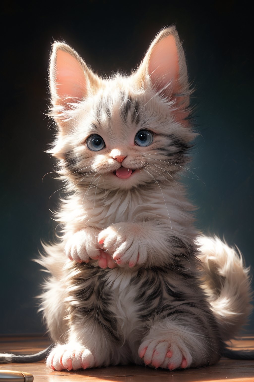 very sweet features,beautiful blue eyes,smile,adorably tiny paws, full-body_portrait, and two perky ears, (tiny body covered with smooth fur), (furry tail as well). (adorable face with a tiny nose), a big mouth, (8k resilution), natarul lights, unreal, masterpice, amazing, (random color body), kittenpunk, hyper realism, rough texture,