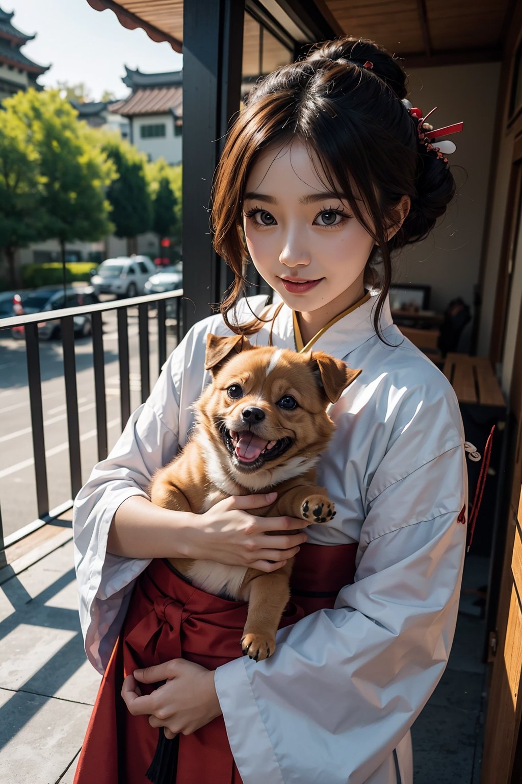 Cute dog shit zhu, wearing samurai armor, realistic,detailed, balcony background, beautiful image,4k,brown_eyes, white-brown color, puppy, happy
