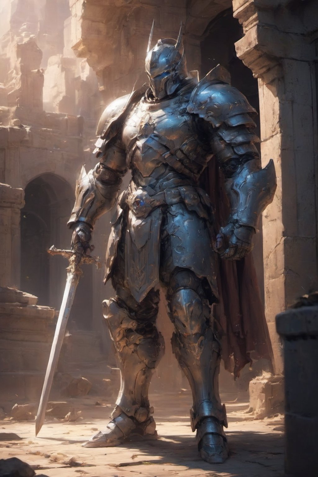   In the heart of a mythical kingdom, a knight dons a resplendent suit of armor that embodies both strength and elegance. The armor is adorned with intricate patterns and glowing runes, giving it an ethereal glow. The knight, wielding a sword that seems to shimmer with magic, stands against a backdrop of an ancient castle bathed in the warm hues of a setting sun. The environment exudes a timeless beauty, with cobbled pathways and towering spires creating a sense of history and grandeur. The mood is one of solemnity and honor, as the knight guards the entrance to the majestic castle