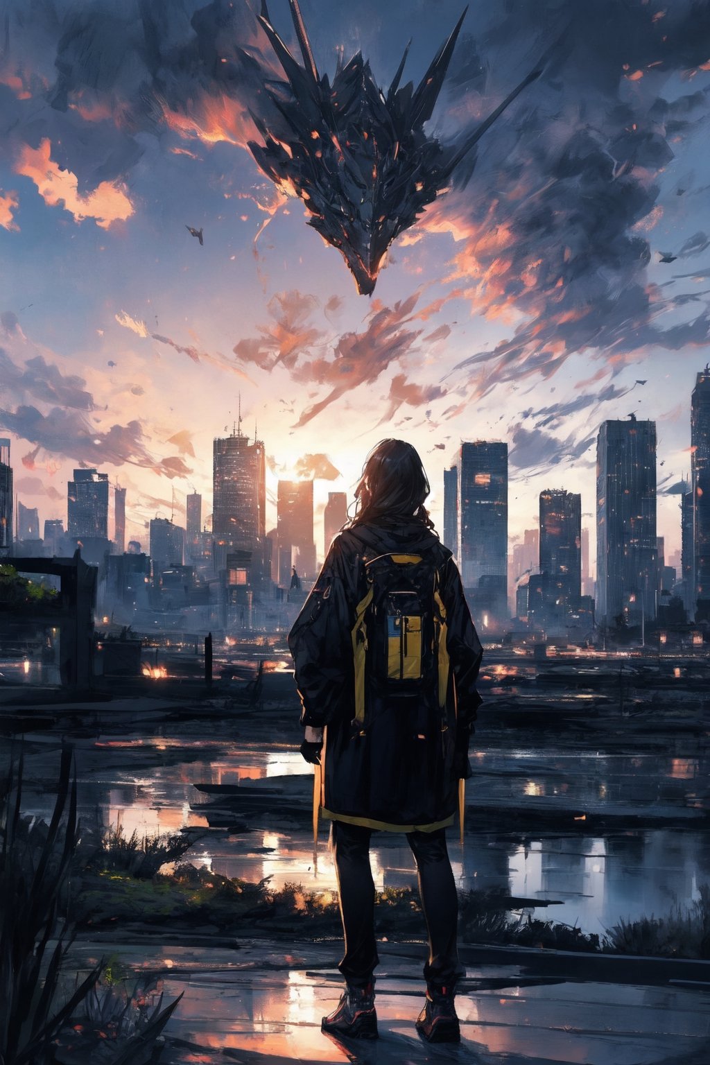  landscape, buildings, sunset sky, highly detailed, complex_background, complex buildings, detailed_background,pixel_art, standing human