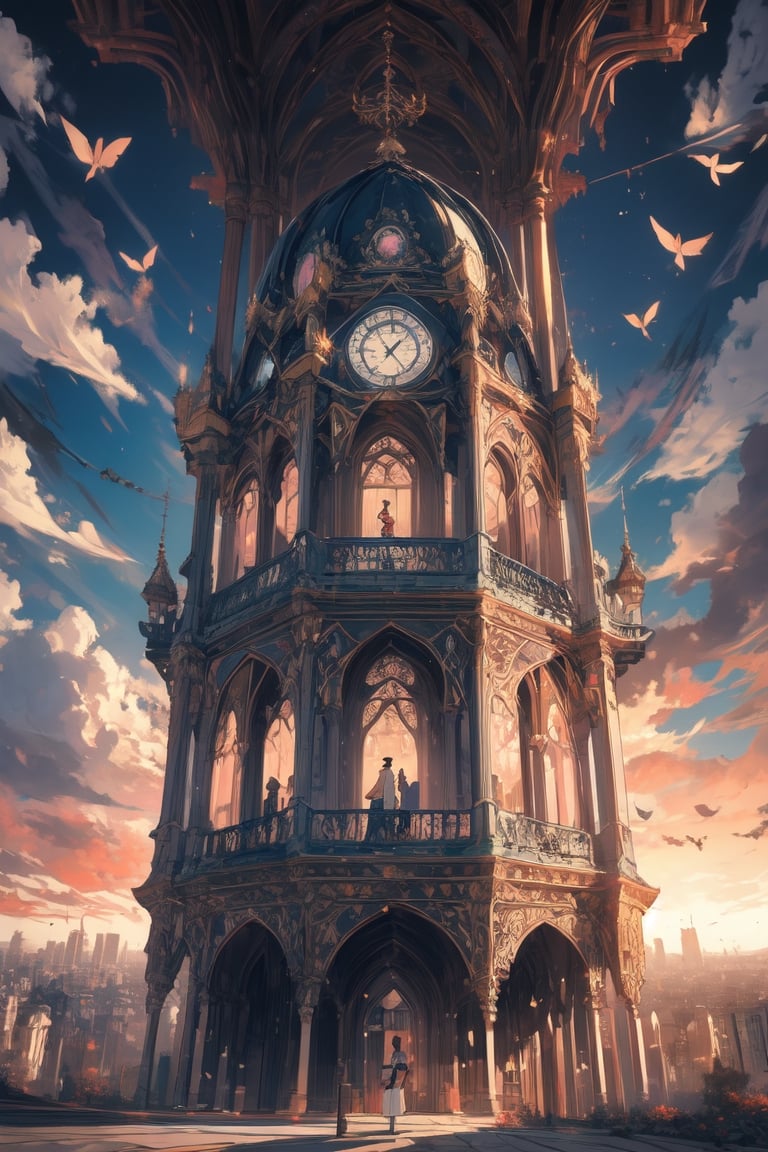 A majestic cityscape at sunset, with intricately designed buildings and intricate architecture. The vibrant orange and pink hues of the sky blend seamlessly into the pixel art-style buildings, creating a visually stunning contrast. A standing figure stands proudly amidst the complex background, surrounded by towering structures that seem to defy gravity. Every detail is meticulously crafted, from the ornate facades to the tiny windows, immersing the viewer in a world of wonder.