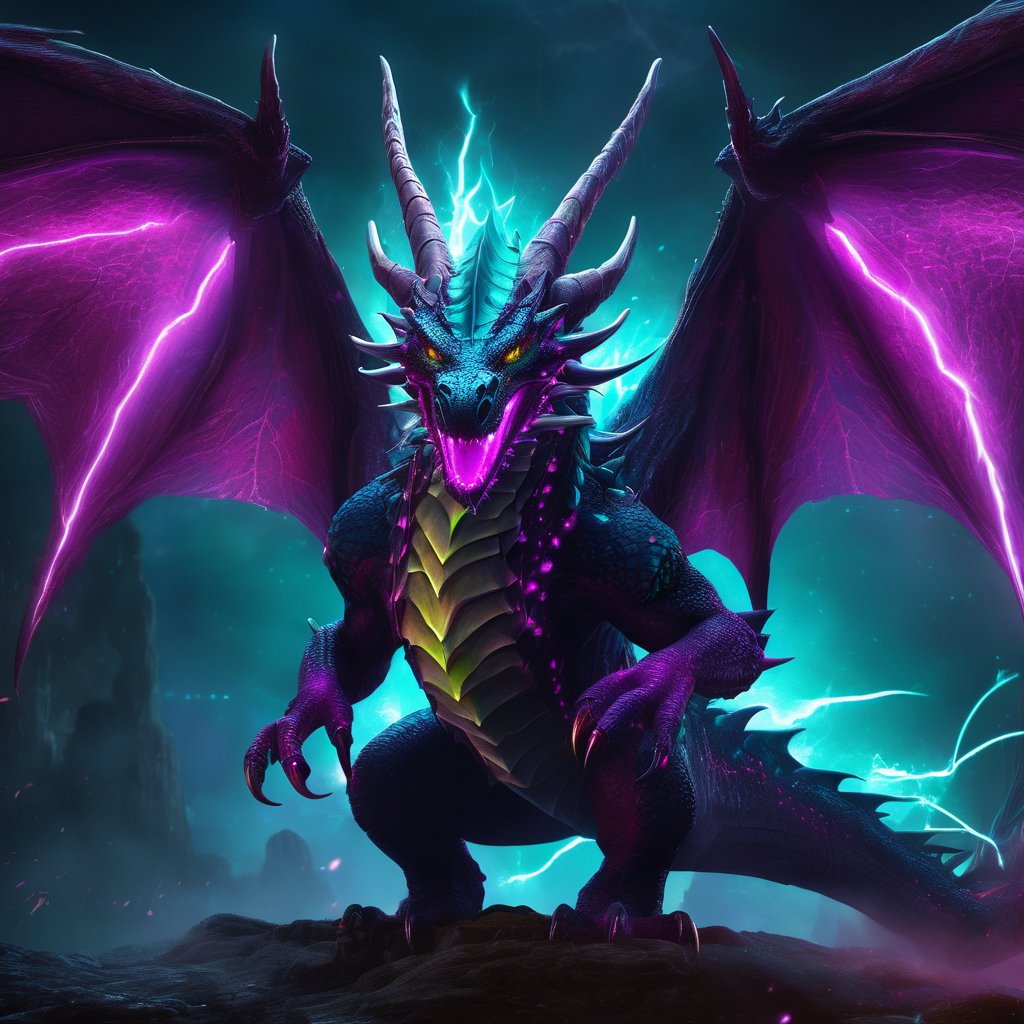 realistic, dark Dragon, desolate, intricately detailed, artistic magenta lightning, cyan horns, glowing eyes, lime wings, full body, particles, beautiful, amazing, highly detailed, digital art, sharp focus, trending on art station,