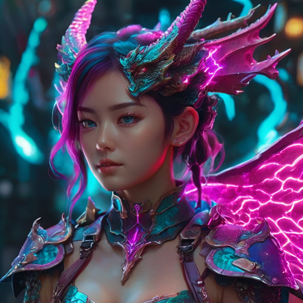 realistic, half girl half Dragon, desolate, intricately detailed, artistic magenta lightning, cyan horns, eyes(glowing:1.1), detailed hair, two wings in her back, full body, scale armor, neon colors, particles, beautiful, amazing, cinematic, highly detailed, digital art, sharp focus, trending on art station,xxmix girl woman,SteelHeartQuiron character