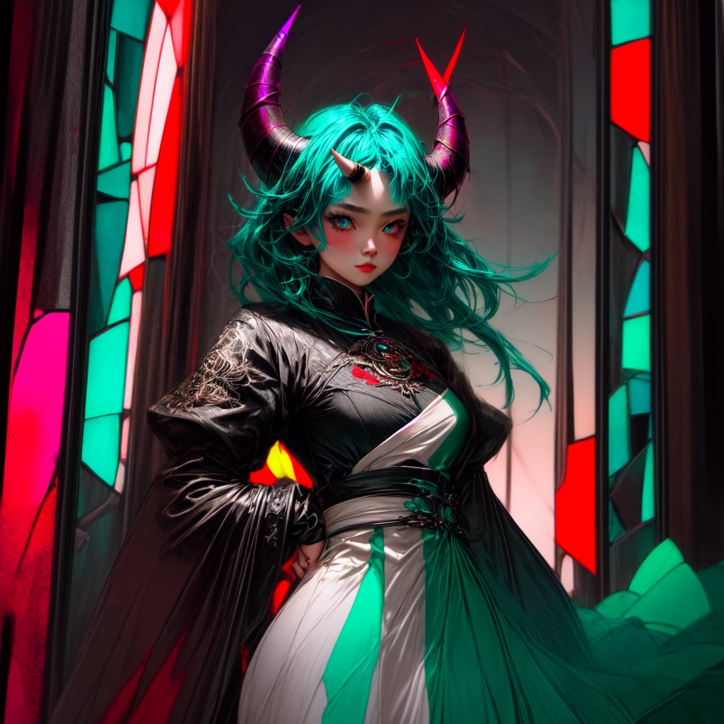 full_body_portrait, 1girl, two horns(white with red:1.1), glowing eyes(cyan:1.1), glowing hair(magenta:1.1), flower stainedglass armor, flower stainedglass dress, Sony Alpha 1, Sony FE 16-35mm f/2.8 GM, sharp focus, highly detailed, hyperdetailed, rich colors, vibrant colors, 4k, exposure blend, medium shot,(hdr:1.4), high contrast,  cinematic effect, , (hdr:1.4), dark red theme, (cinematic, cyan and magenta:0.85), (muted colors, dim colors, soothing tones:1.3), low saturation,(xxmix girl woman),beautiful detailed eyes, xxmix girl woman, 3d style
,3d style,weapon,Detailedface,perfecteyes