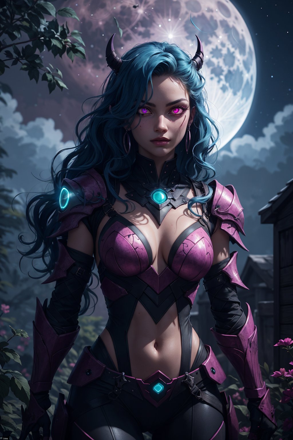 A sultry warrior with cyan wavy hair, her hypnotic glowing eyes piercing through the darkness, her magenta armor glistening in the moonlight, detailed moon,