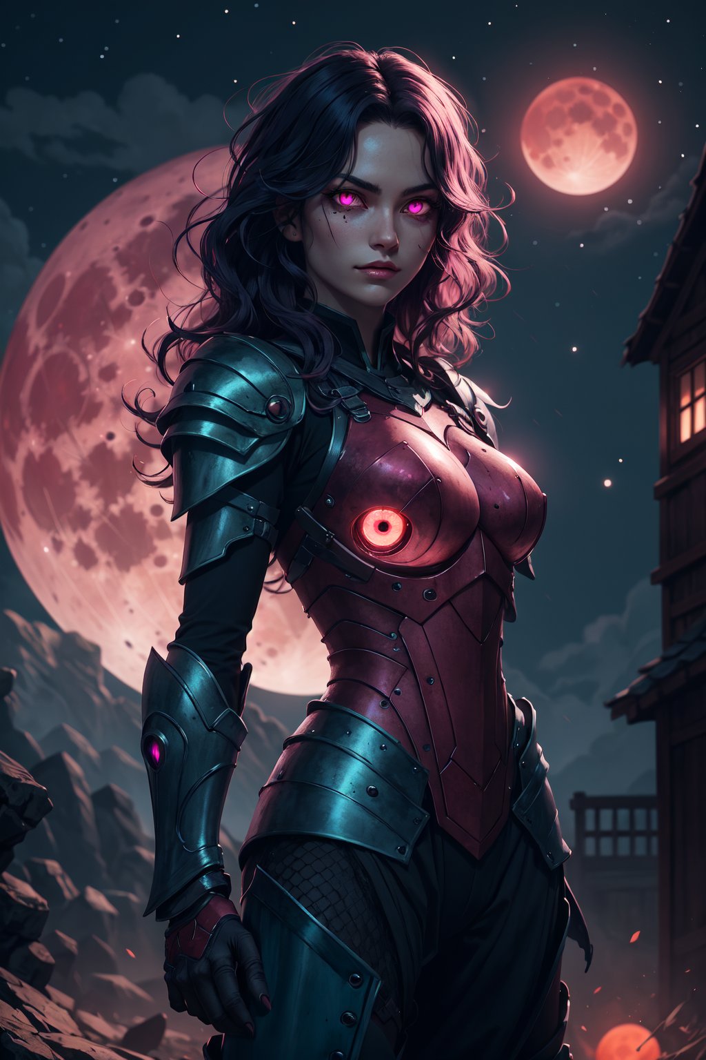 A sultry warrior with cyan wavy hair, her hypnotic glowing eyes piercing through the darkness, her magenta armor glistening in the moonlight, red moon, full scale armor, two moons