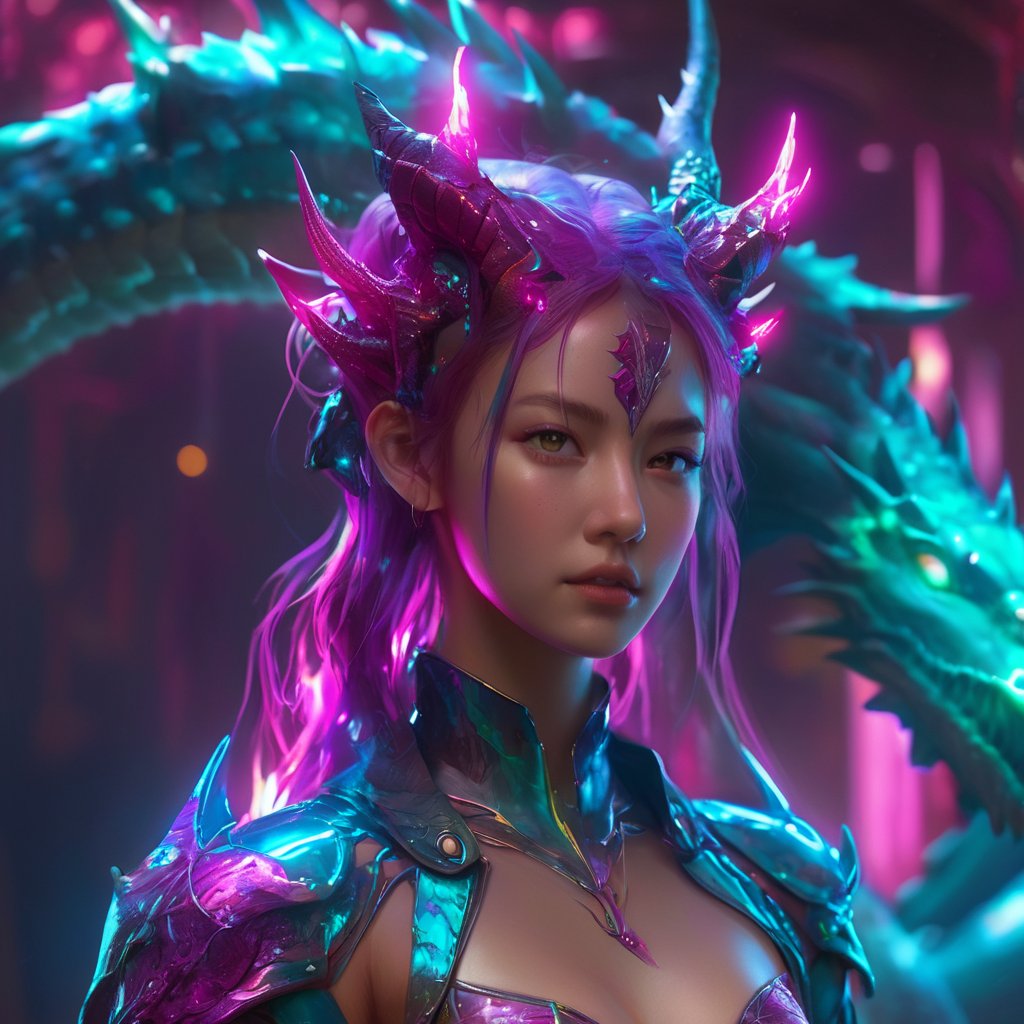 realistic, half girl half Dragon, desolate, intricately detailed, artistic magenta lightning, cyan horns, eyes(glowing:1.1), detailed hair, two wings background, full body, scale armor, neon colors, particles, beautiful, amazing, cinematic, highly detailed, digital art, sharp focus, trending on art station,xxmix girl woman,SteelHeartQuiron character