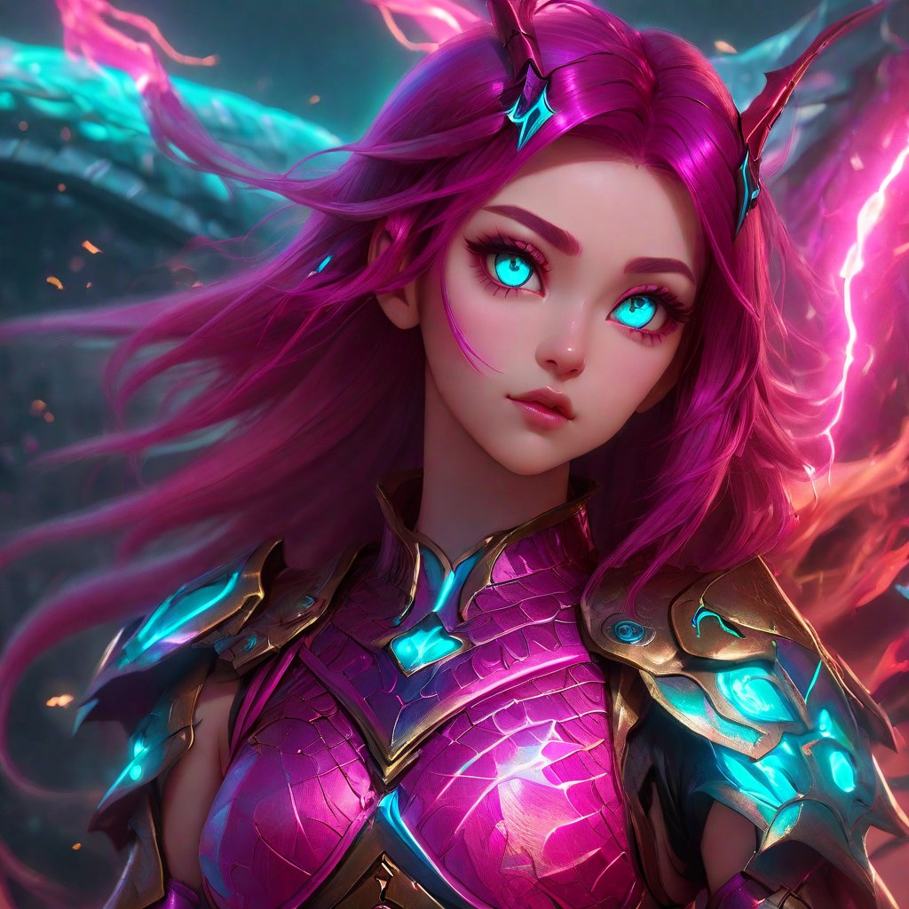 realistic, half girl half Dragon, desolate, intricately detailed, artistic magenta lightning, cyan horns, eyes(glowing:1.1), detailed hair, two wings in back, full body, scale armor, neon colors, particles, beautiful, amazing, cinematic, highly detailed face, highly detailed, digital art, sharp focus, trending on art station,xxmix girl woman,SteelHeartQuiron character