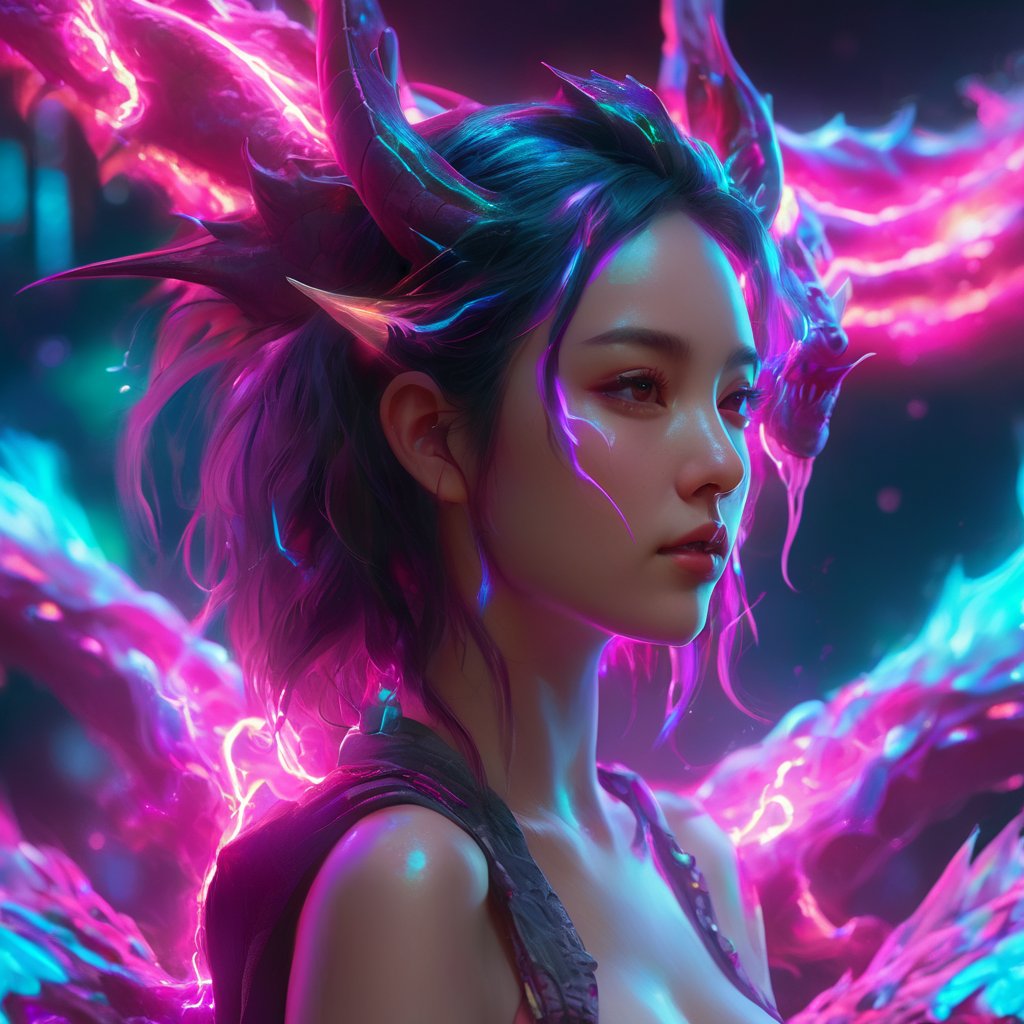 realistic, half girl half Dragon, desolate, intricately detailed, artistic magenta lightning, cyan horns, glowing eyes, two wings in her back, full body, neon colors, particles, beautiful, amazing, cinematic, highly detailed, digital art, sharp focus, trending on art station,xxmix girl woman,SteelHeartQuiron character