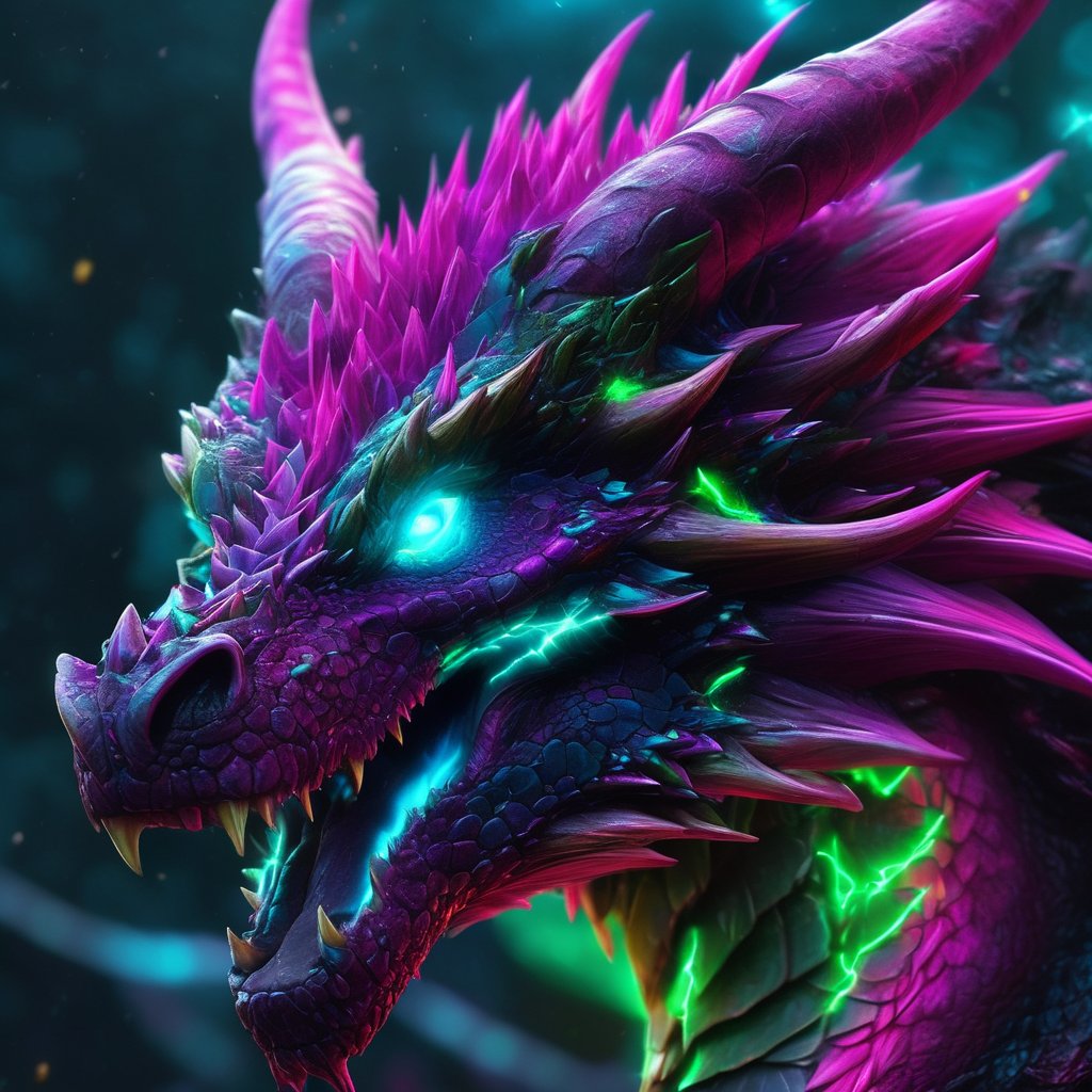 realistic, dark Dragon, desolate, intricately detailed, artistic magenta lightning, cyan horns, glowing eyes, lime wings, particles, beautiful, amazing, highly detailed, digital art, sharp focus, trending on art station,