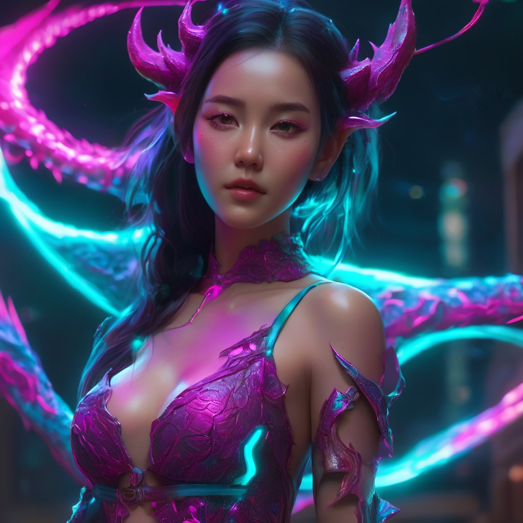 realistic, half girl half Dragon, desolate, intricately detailed, artistic magenta lightning, cyan horns, glowing eyes, two wings in her back, full body, neon colors, particles, beautiful, amazing, cinematic, highly detailed, digital art, sharp focus, trending on art station,xxmix girl woman,SteelHeartQuiron character