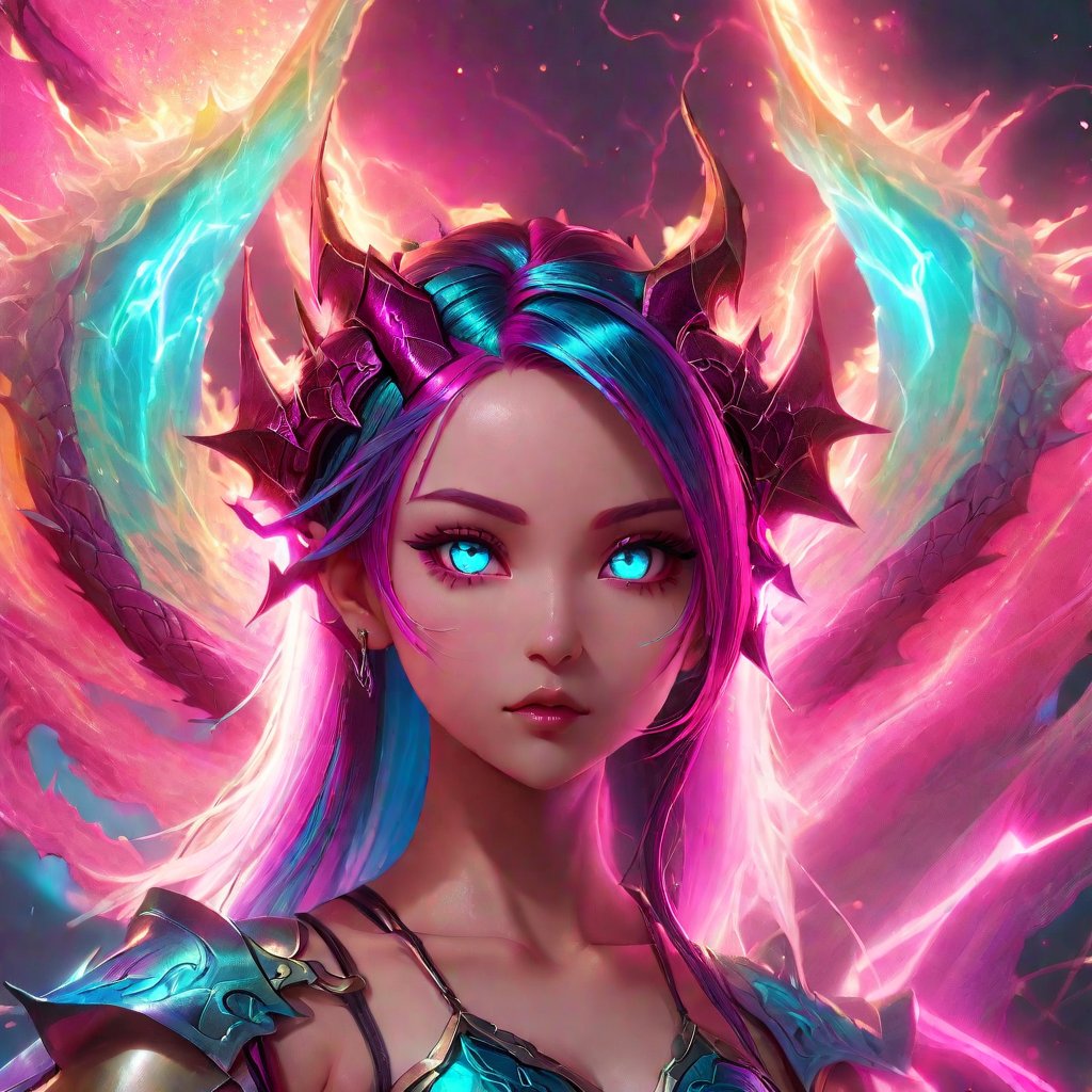 realistic, half girl half Dragon, desolate, intricately detailed, artistic magenta lightning, cyan horns, eyes(glowing:1.1), detailed hair, two wings in back, full body, scale armor, neon colors, particles, beautiful, amazing, cinematic, highly detailed face, highly detailed, digital art, sharp focus, trending on art station,xxmix girl woman,SteelHeartQuiron character,arcane