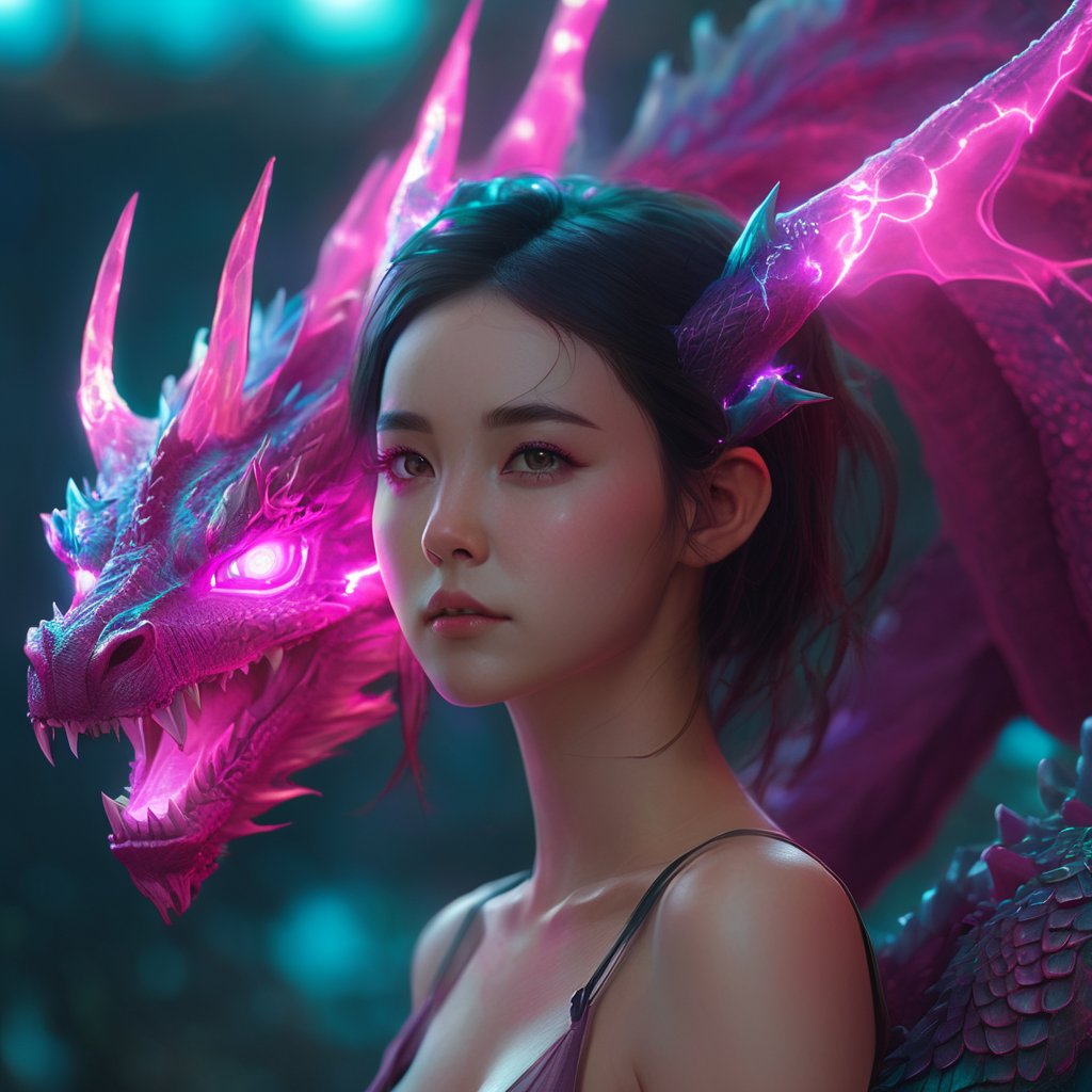 realistic, half girl half Dragon, desolate, intricately detailed, artistic magenta lightning, cyan horns, glowing eyes, two wings, full body, particles, beautiful, amazing, cinematic, highly detailed, digital art, sharp focus, trending on art station,xxmix girl woman