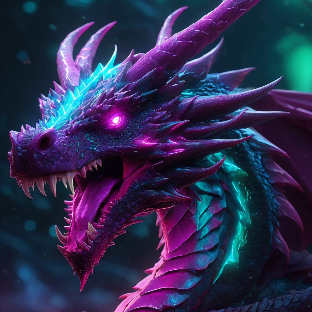 realistic, dark Dragon, desolate, intricately detailed, artistic magenta lightning, cyan horns, glowing eyes, lime wings, particles, beautiful, amazing, highly detailed, digital art, sharp focus, trending on art station,