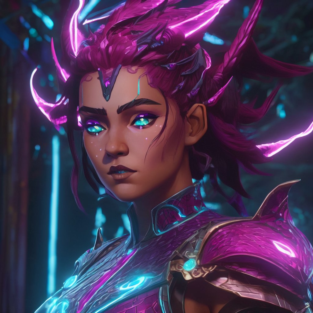 realistic, half girl half Dragon, desolate, intricately detailed, artistic magenta lightning, cyan horns, eyes(glowing:1.1), detailed hair, two wings in back, full body, scale armor, neon colors, particles, beautiful, amazing, cinematic, highly detailed face, highly detailed, digital art, sharp focus, trending on art station,xxmix girl woman,SteelHeartQuiron character,arcane