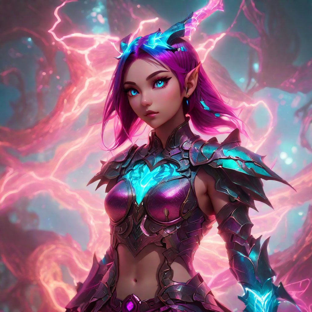 realistic, half girl half Dragon, desolate, intricately detailed, artistic magenta lightning, cyan horns, eyes(glowing:1.1), detailed hair, two wings in back, full body, scale armor, neon colors, particles, beautiful, amazing, cinematic, highly detailed face, highly detailed, digital art, sharp focus, trending on art station,xxmix girl woman,SteelHeartQuiron character,arcane