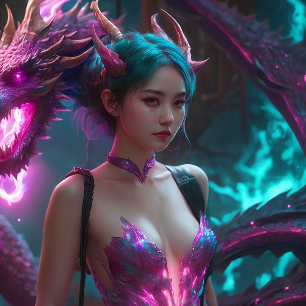 realistic, half girl half Dragon, desolate, intricately detailed, artistic magenta lightning, cyan horns, glowing eyes, two wings, full body, particles, beautiful, amazing, cinematic, highly detailed, digital art, sharp focus, trending on art station,xxmix girl woman