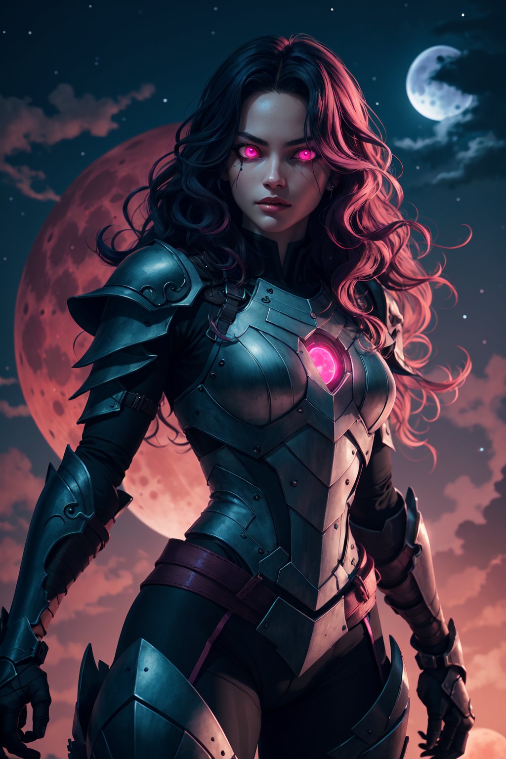 A sultry warrior with cyan wavy hair, her hypnotic glowing eyes piercing through the darkness, her magenta armor glistening in the moonlight, red moon, detailed moon, full armor,