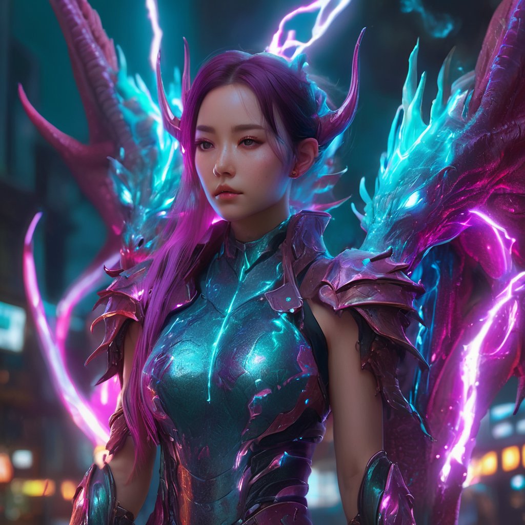 realistic, half girl half Dragon, desolate, intricately detailed, artistic magenta lightning, cyan horns, eyes(glowing:1.1), detailed hair, two wings in her back, full body, scale armor, neon colors, particles, beautiful, amazing, cinematic, highly detailed, digital art, sharp focus, trending on art station,xxmix girl woman,SteelHeartQuiron character