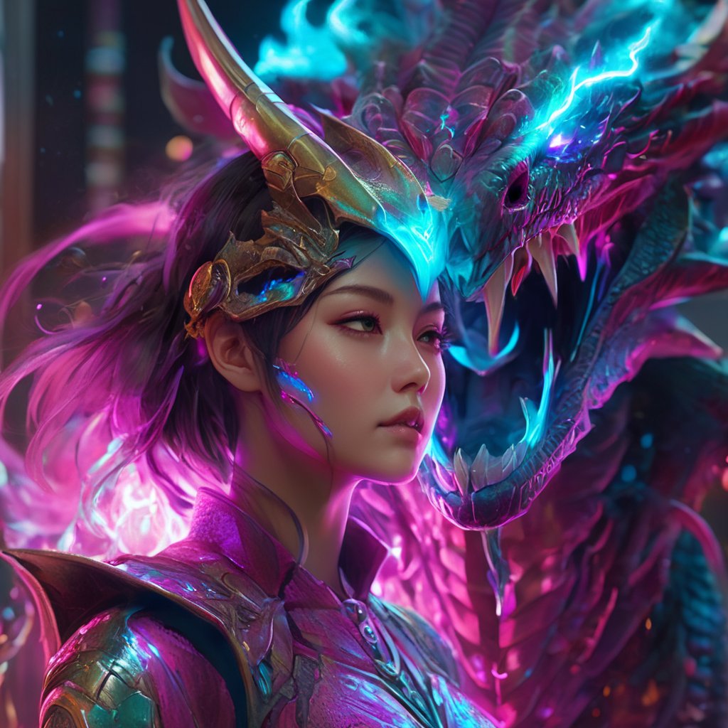 realistic, half girl half Dragon, desolate, intricately detailed, artistic magenta lightning, cyan horns, eyes(glowing:1.1), detailed hair, two wings in back, full body, scale armor, neon colors, particles, beautiful, amazing, cinematic, highly detailed face, highly detailed, digital art, sharp focus, trending on art station,xxmix girl woman,SteelHeartQuiron character,arcane