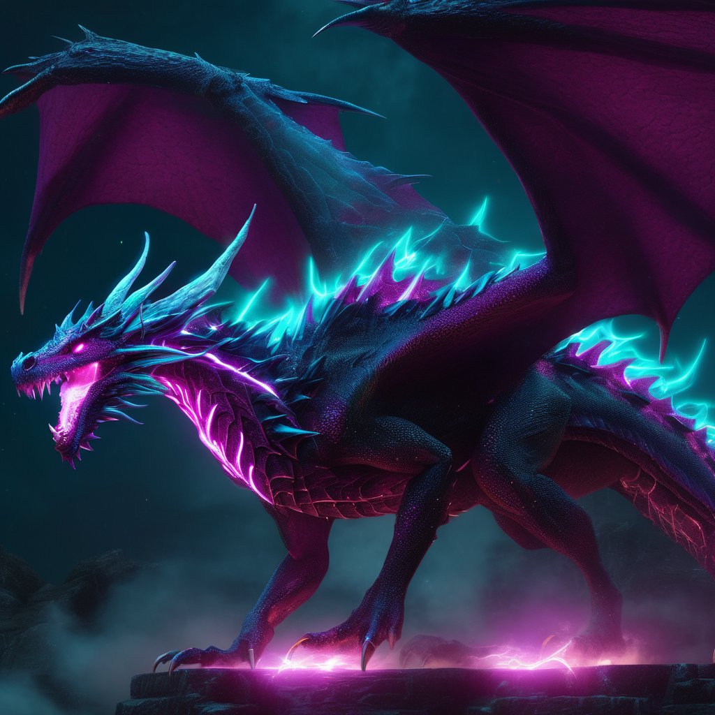 realistic, dark Dragon, desolate, intricately detailed, artistic magenta lightning, cyan horns, glowing eyes, four wings, full body, particles, beautiful, amazing, cinematic, highly detailed, digital art, sharp focus, trending on art station,