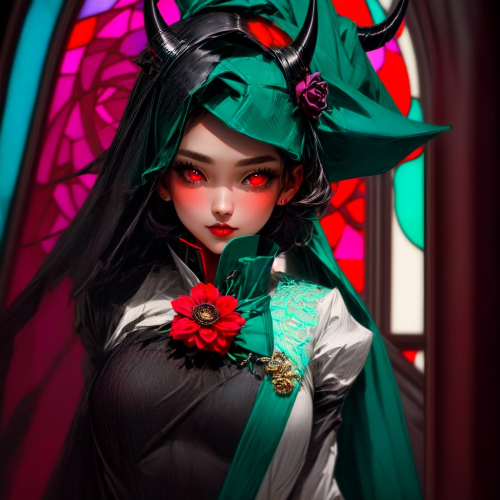 full_body_portrait, 1girl, two horns(white with red:1.1), glowing eyes(cyan:1.1), glowing hair(magenta:1.1), flower stainedglass armor, flower stainedglass dress, Sony Alpha 1, Sony FE 16-35mm f/2.8 GM, sharp focus, highly detailed, hyperdetailed, rich colors, vibrant colors, 4k, exposure blend, medium shot,(hdr:1.4), high contrast,  cinematic effect, , (hdr:1.4), dark red theme, (cinematic, cyan and magenta:0.85), (muted colors, dim colors, soothing tones:1.3), low saturation,(xxmix girl woman),beautiful detailed eyes, xxmix girl woman, 3d style
,3d style,weapon,Detailedface,perfecteyes