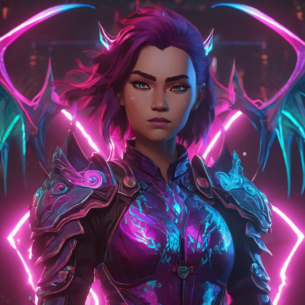 realistic, half girl half Dragon, desolate, intricately detailed, artistic magenta lightning, cyan horns, eyes(glowing:1.1), detailed hair, two wings in back, full body, scale armor, neon colors, particles, beautiful, amazing, cinematic, highly detailed face, highly detailed, digital art, sharp focus, trending on art station,xxmix girl woman,SteelHeartQuiron character,arcane