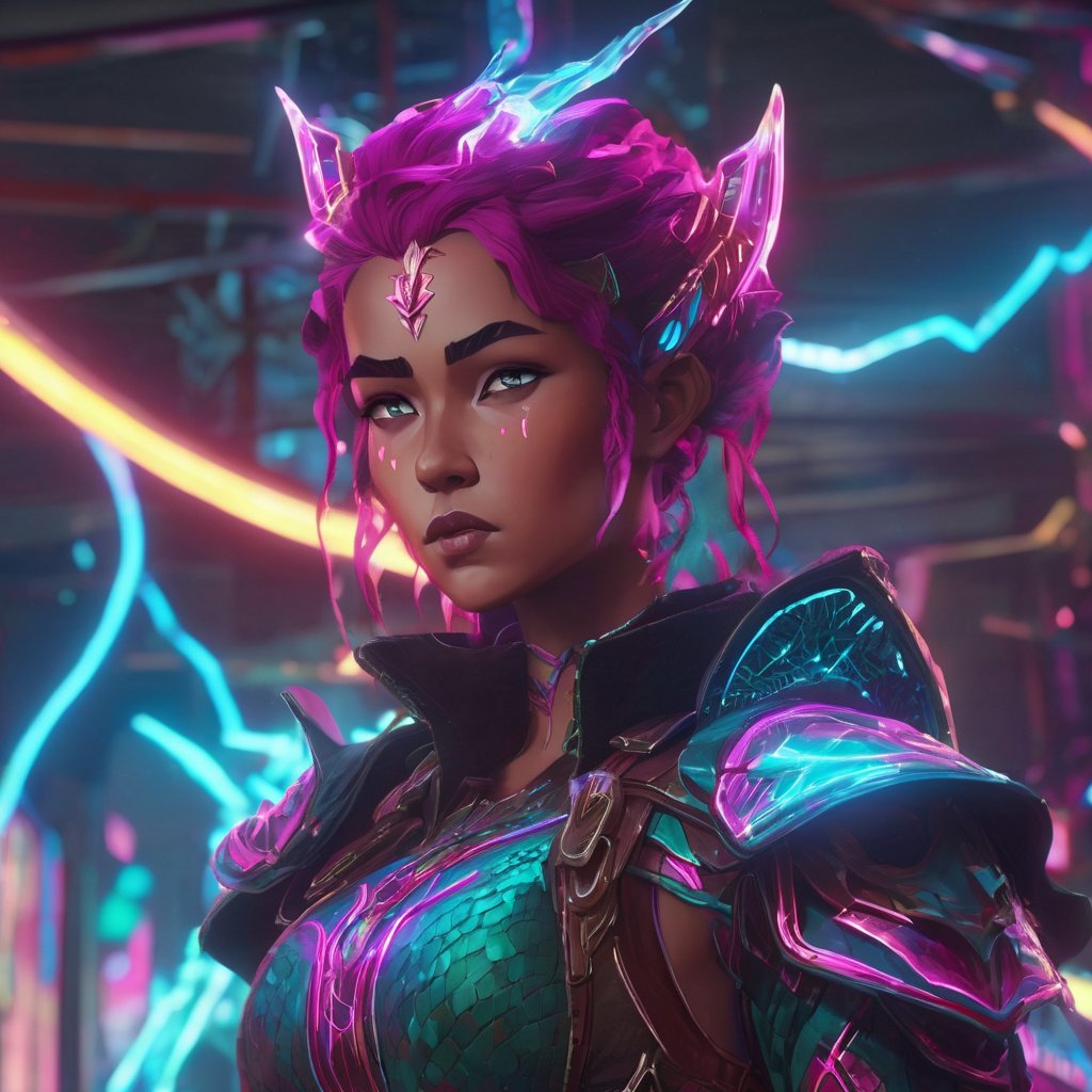 realistic, half girl half Dragon, desolate, intricately detailed, artistic magenta lightning, cyan horns, eyes(glowing:1.1), detailed hair, two wings in back, full body, scale armor, neon colors, particles, beautiful, amazing, cinematic, highly detailed face, highly detailed, digital art, sharp focus, trending on art station,xxmix girl woman,SteelHeartQuiron character,arcane