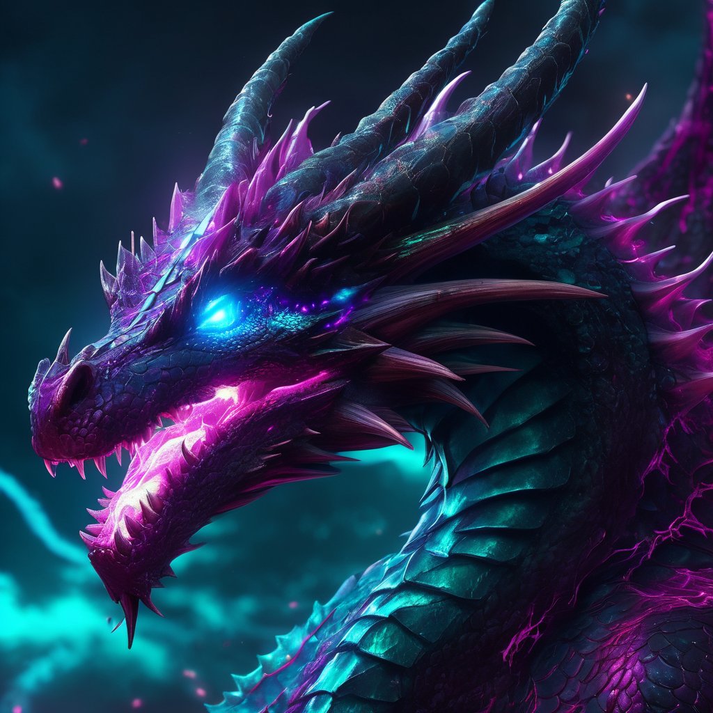 realistic, dark Dragon, desolate, intricately detailed, artistic magenta lightning, cyan horns, glowing eyes, particles, beautiful, amazing, highly detailed, digital art, sharp focus, trending on art station,