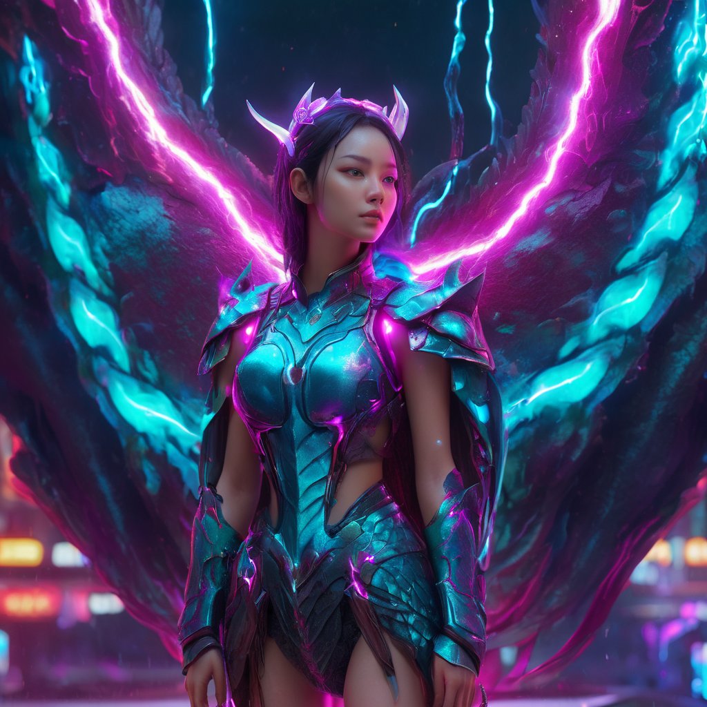 realistic, half girl half Dragon, desolate, intricately detailed, artistic magenta lightning, cyan horns, eyes(glowing:1.1), detailed hair, two wings in her back, full body, scale armor, neon colors, particles, beautiful, amazing, cinematic, highly detailed, digital art, sharp focus, trending on art station,xxmix girl woman,SteelHeartQuiron character