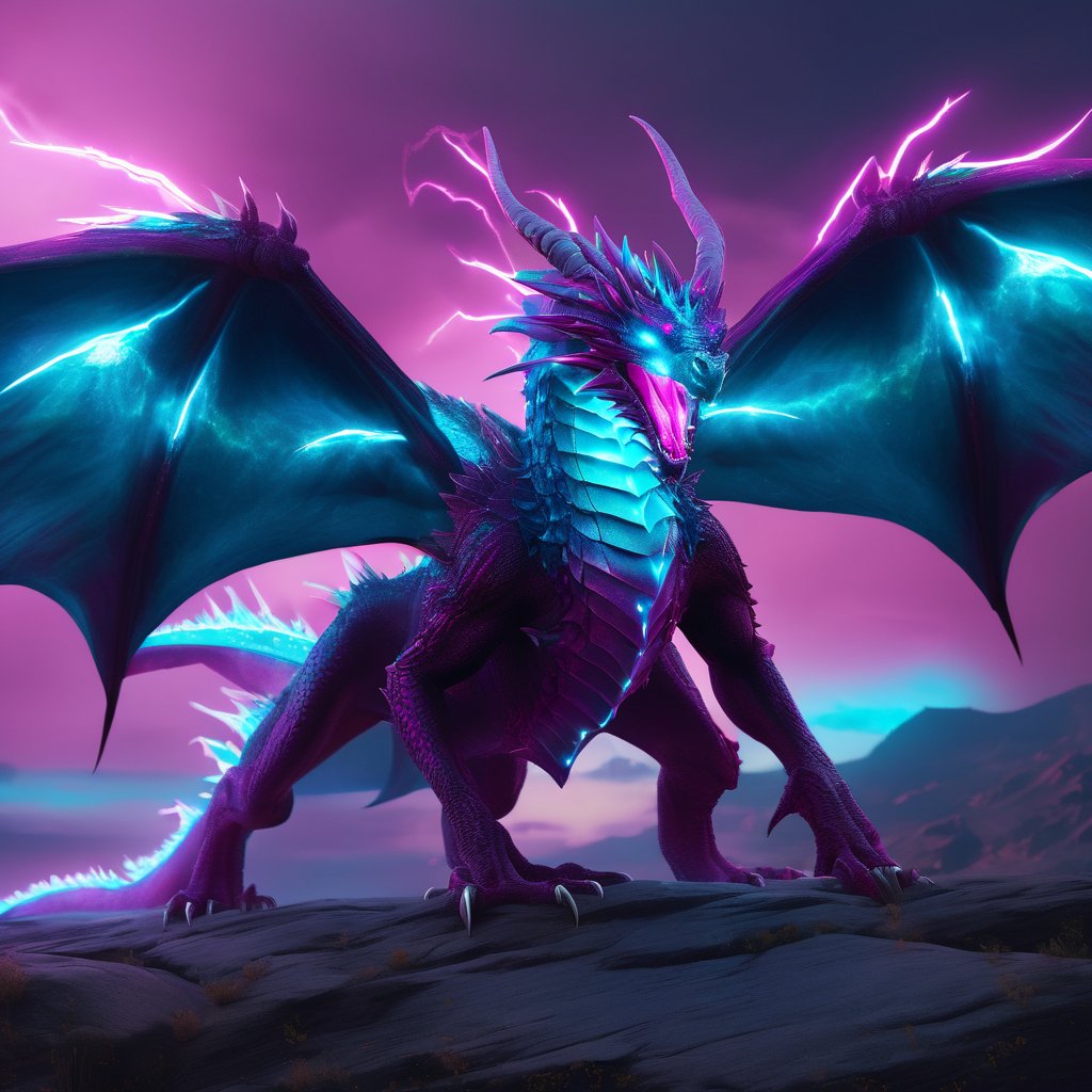 realistic, light Dragon, desolate, intricately detailed, artistic magenta lightning, cyan horns, glowing eyes, two wings, full body, particles, beautiful, amazing, cinematic, highly detailed, digital art, sharp focus, trending on art station,