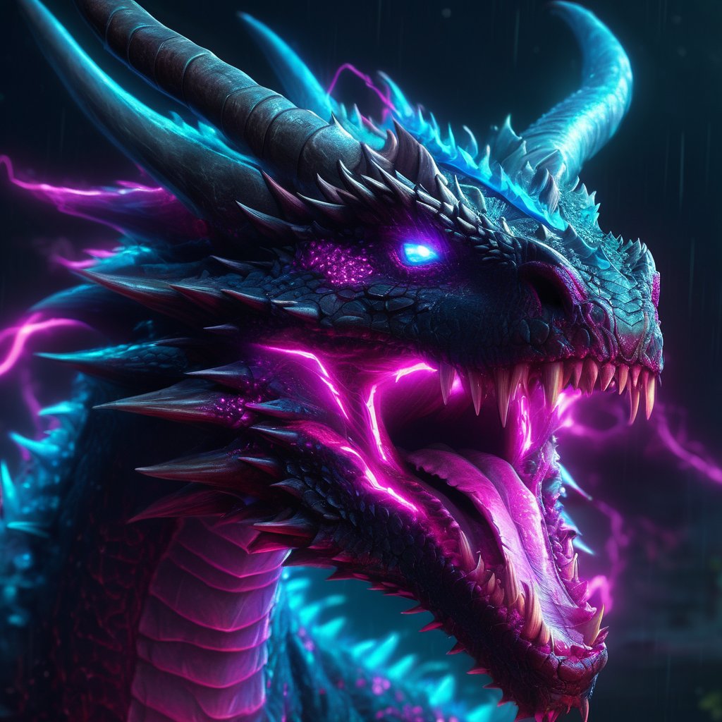 realistic, dark Dragon, desolate, intricately detailed, artistic magenta lightning, cyan horns, glowing eyes, particles, beautiful, amazing, highly detailed, digital art, sharp focus, trending on art station,