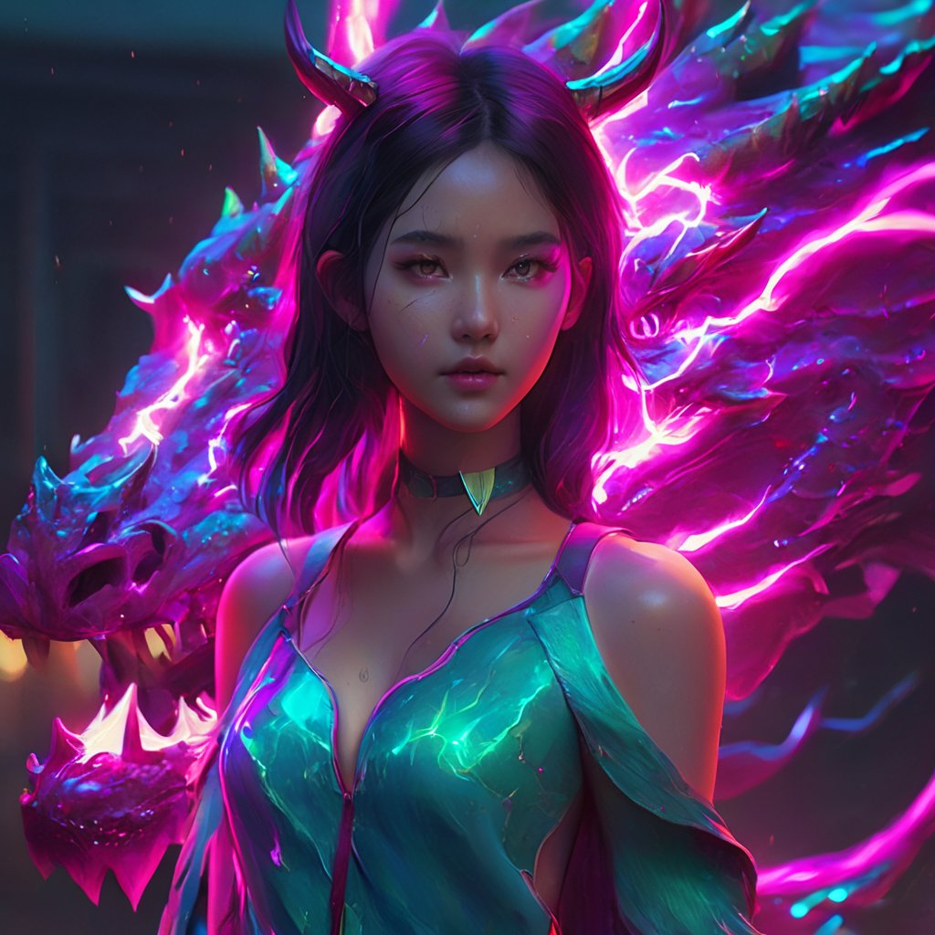 realistic, half girl half Dragon, desolate, intricately detailed, artistic magenta lightning, cyan horns, glowing eyes, two wings in her back, full body, neon colors, particles, beautiful, amazing, cinematic, highly detailed, digital art, sharp focus, trending on art station,xxmix girl woman,SteelHeartQuiron character