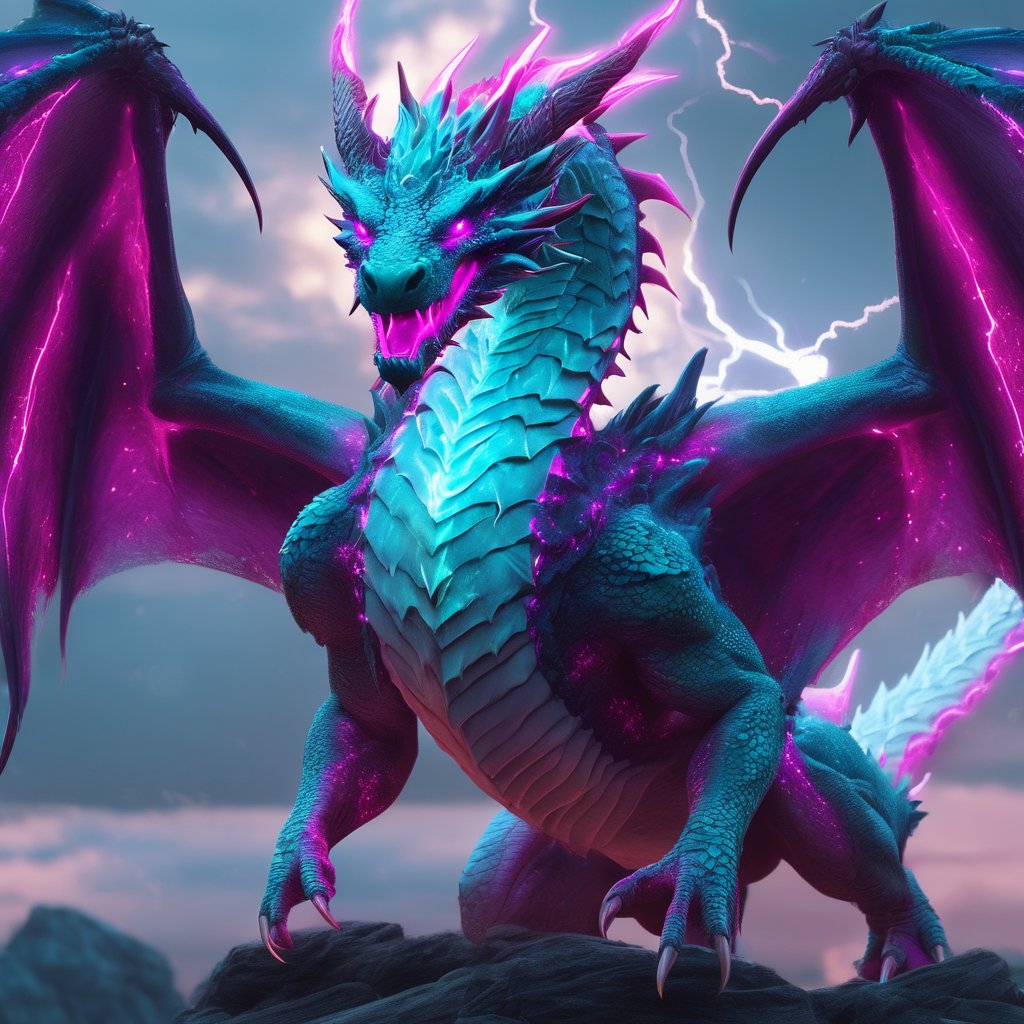 realistic, white Dragon, desolate, intricately detailed, artistic magenta lightning, cyan horns, glowing eyes, two wings, full body, particles, beautiful, amazing, cinematic, highly detailed, digital art, sharp focus, trending on art station,