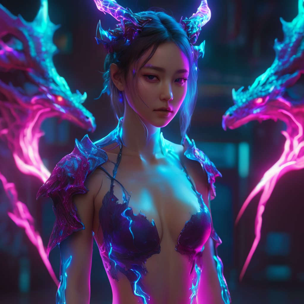 realistic, half girl half Dragon, desolate, intricately detailed, artistic magenta lightning, cyan horns, glowing eyes, two wings in her back, full body, neon colors, particles, beautiful, amazing, cinematic, highly detailed, digital art, sharp focus, trending on art station,xxmix girl woman,SteelHeartQuiron character