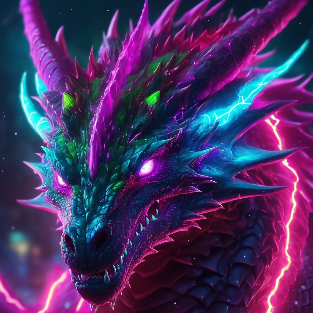 realistic, dark Dragon, desolate, intricately detailed, artistic magenta lightning, cyan horns, glowing eyes, lime fire background, particles, beautiful, amazing, highly detailed, digital art, sharp focus, trending on art station,