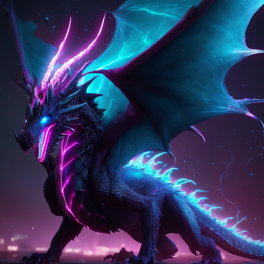 realistic, dark Dragon, desolate, intricately detailed, artistic magenta lightning, cyan horns, glowing eyes, four wings, full body, particles, beautiful, amazing, cinematic, highly detailed, digital art, sharp focus, trending on art station,